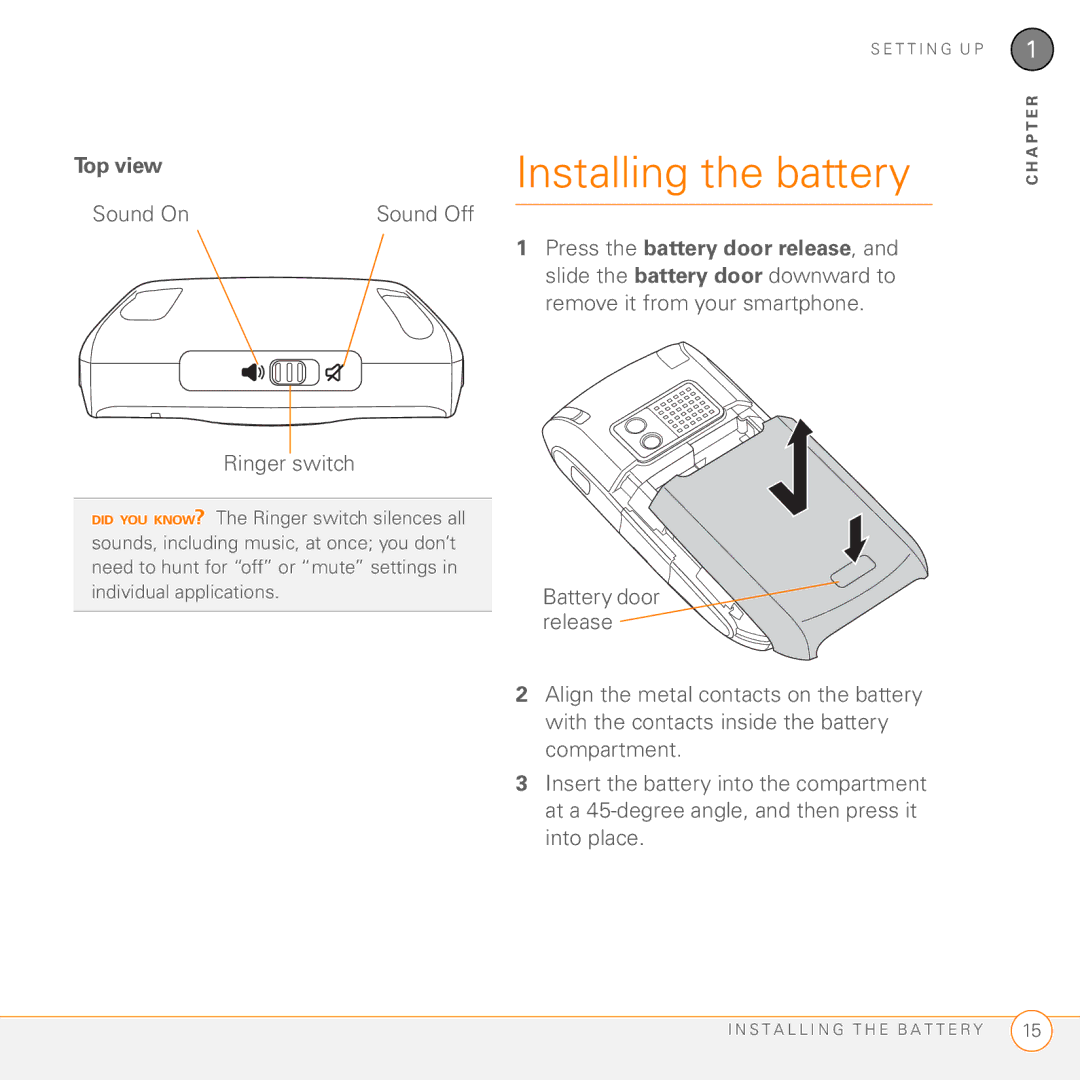 Palm 755P manual Installing the battery, Top view, Sound On, Ringer switch 