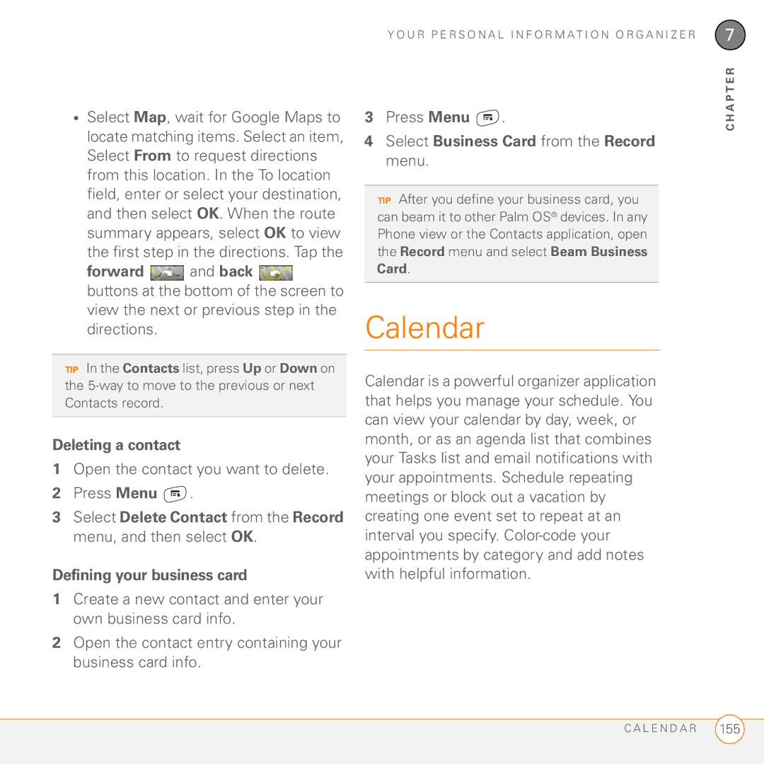 Palm 755P manual Calendar, Deleting a contact, Defining your business card 