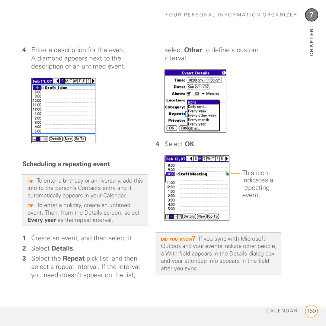 Palm 755P manual Scheduling a repeating event, Create an event, and then select it Select Details, Interval 