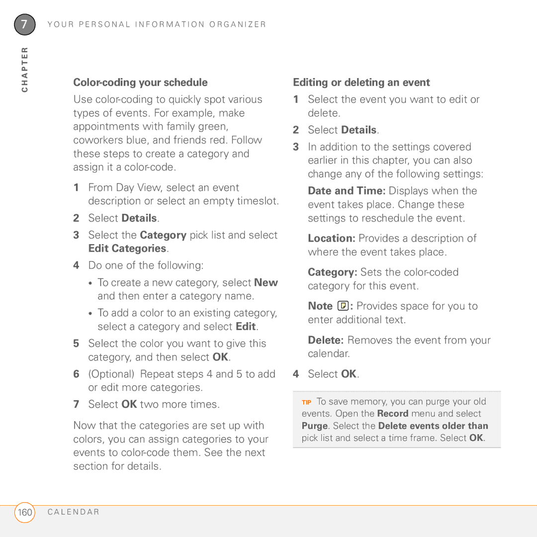 Palm 755P Color-coding your schedule, Editing or deleting an event, Delete Removes the event from your calendar Select OK 