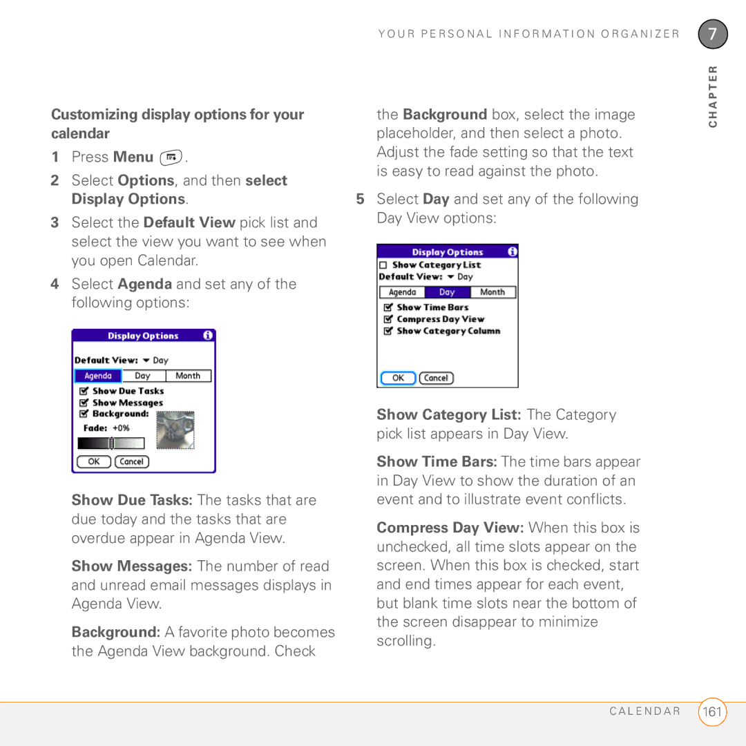 Palm 755P manual Customizing display options for your calendar, Select Day and set any of the following Day View options 
