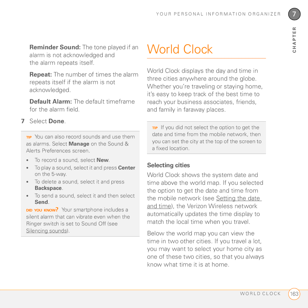 Palm 755P manual World Clock, Default Alarm The default timeframe for the alarm field, Selecting cities 