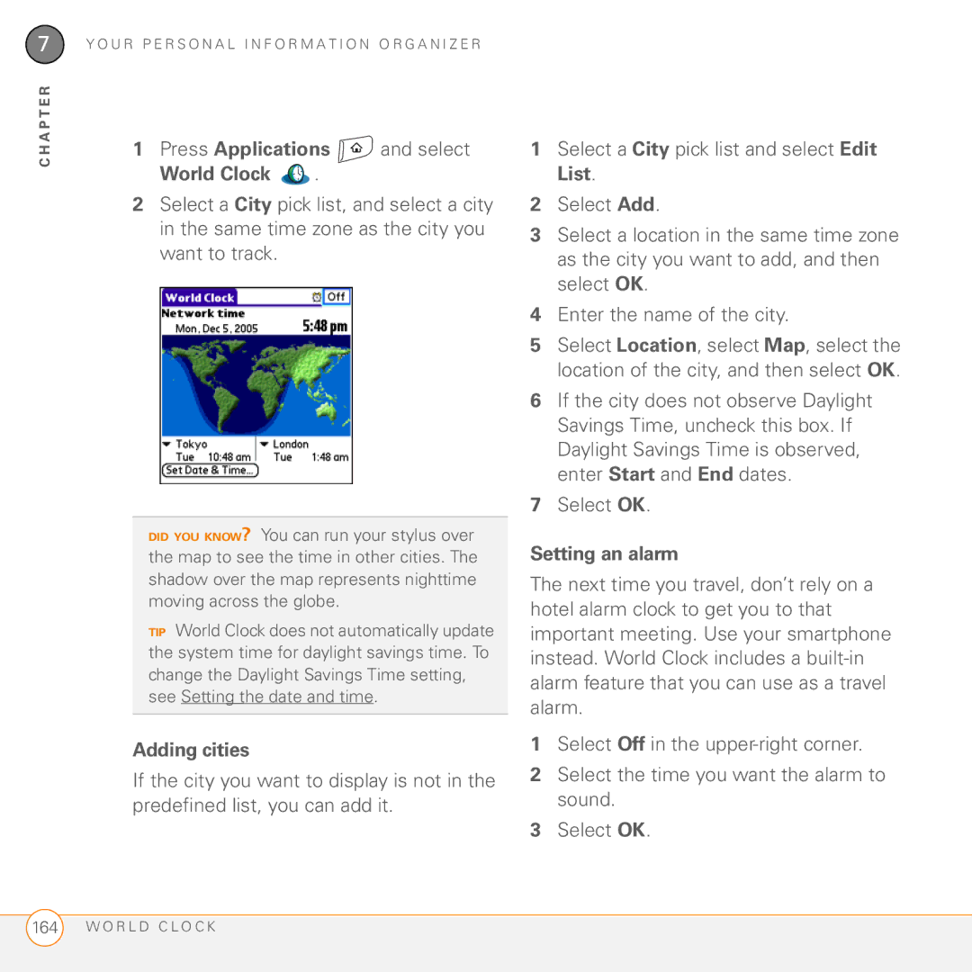 Palm 755P manual Press Applications and select World Clock, Adding cities, Setting an alarm 