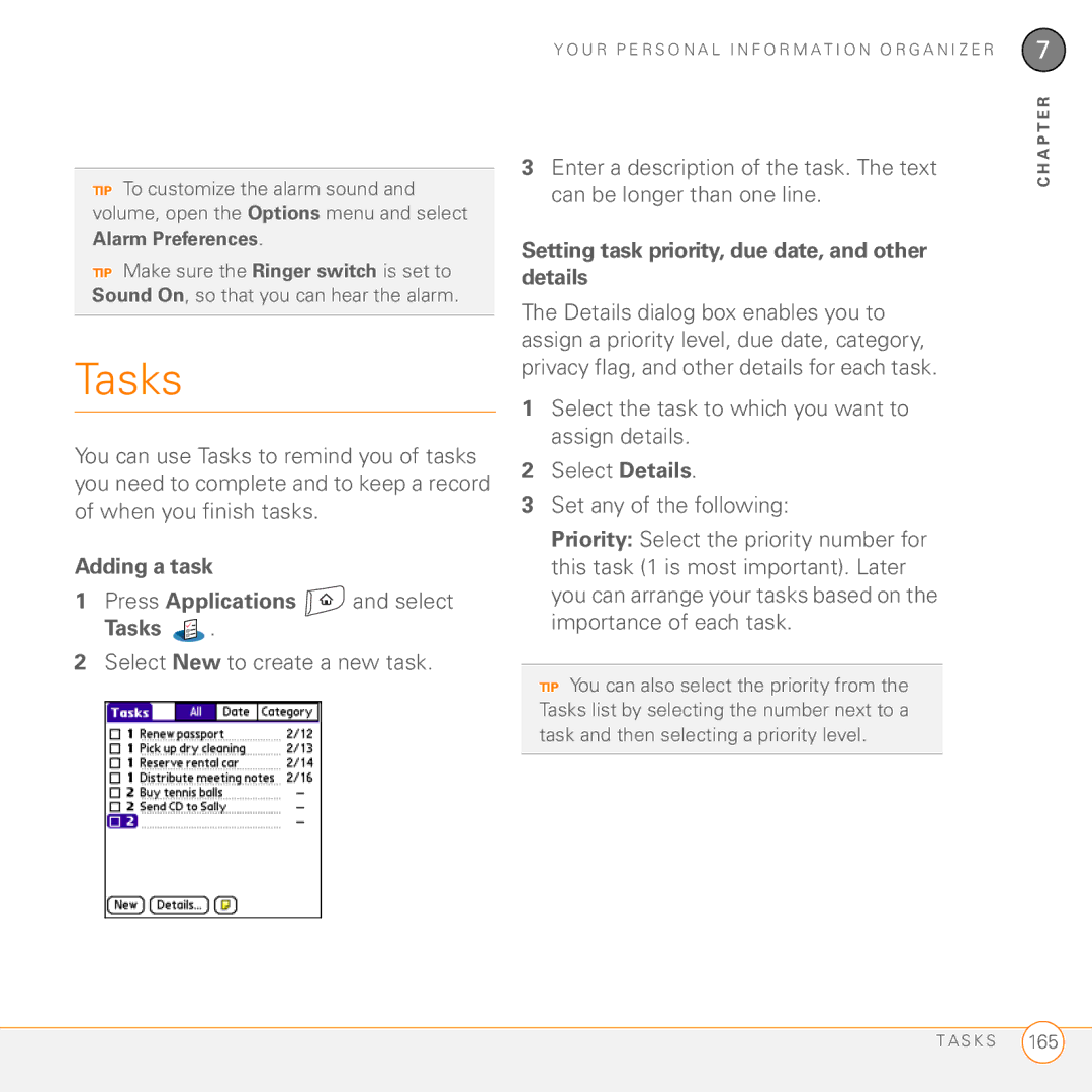 Palm 755P manual Adding a task Press Applications and select Tasks, Setting task priority, due date, and other details 