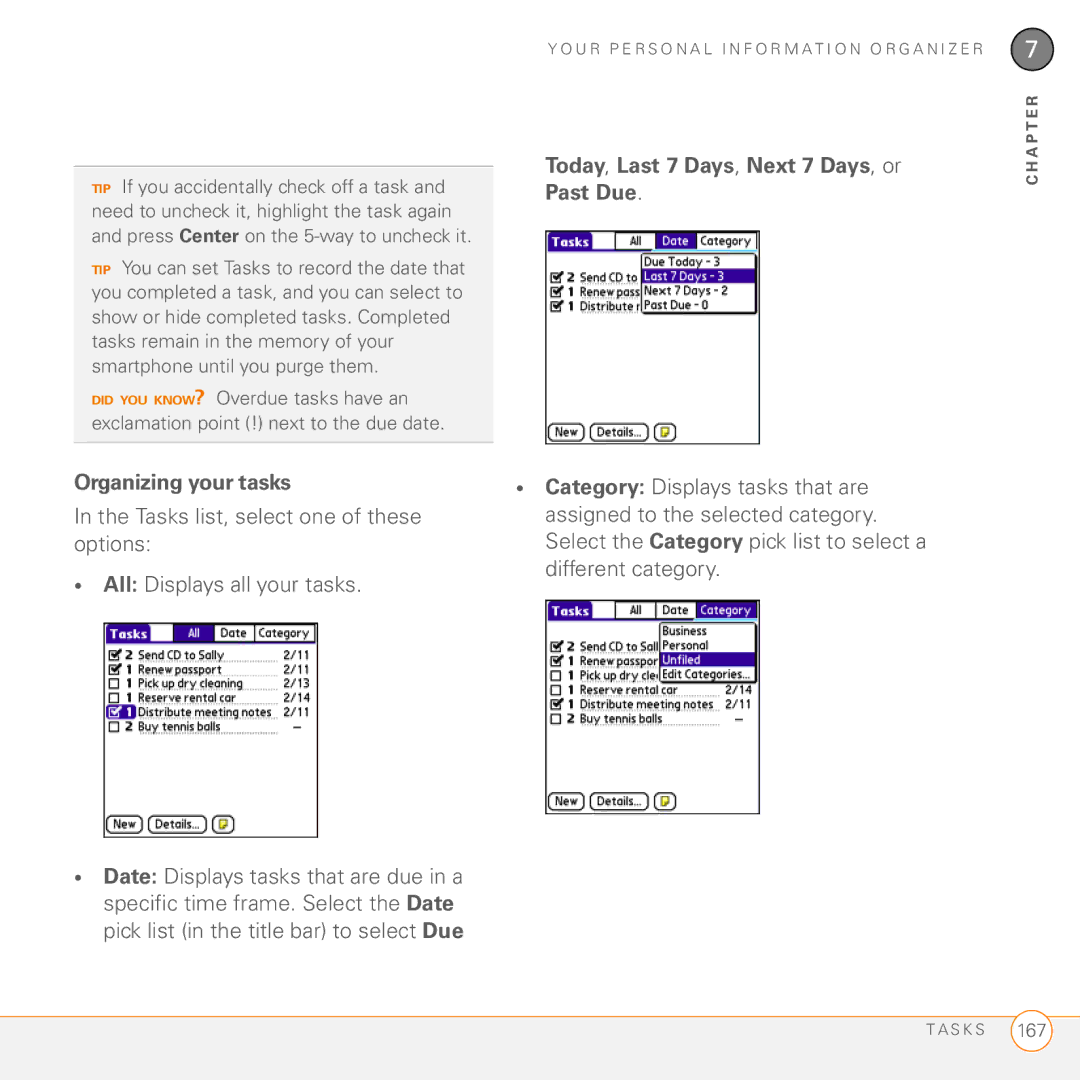 Palm 755P manual Today, Last 7 Days, Next 7 Days, or Past Due, Organizing your tasks 