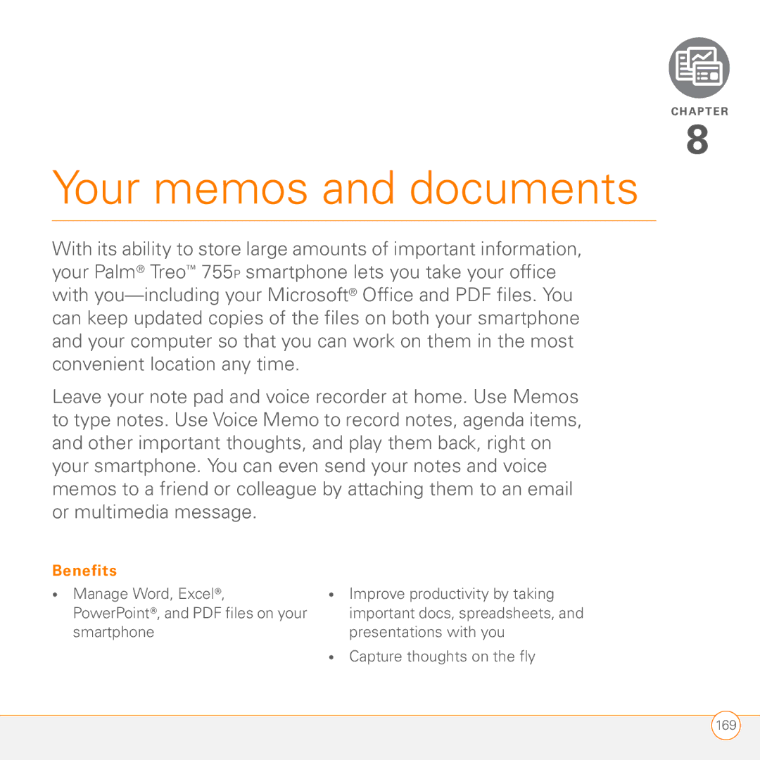 Palm 755P manual Your memos and documents, Manage Word, Excel Improve productivity by taking 