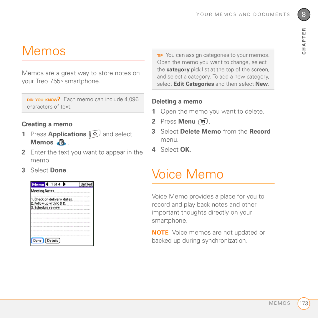 Palm 755P manual Voice Memo, Creating a memo Press Applications and select Memos, Deleting a memo 