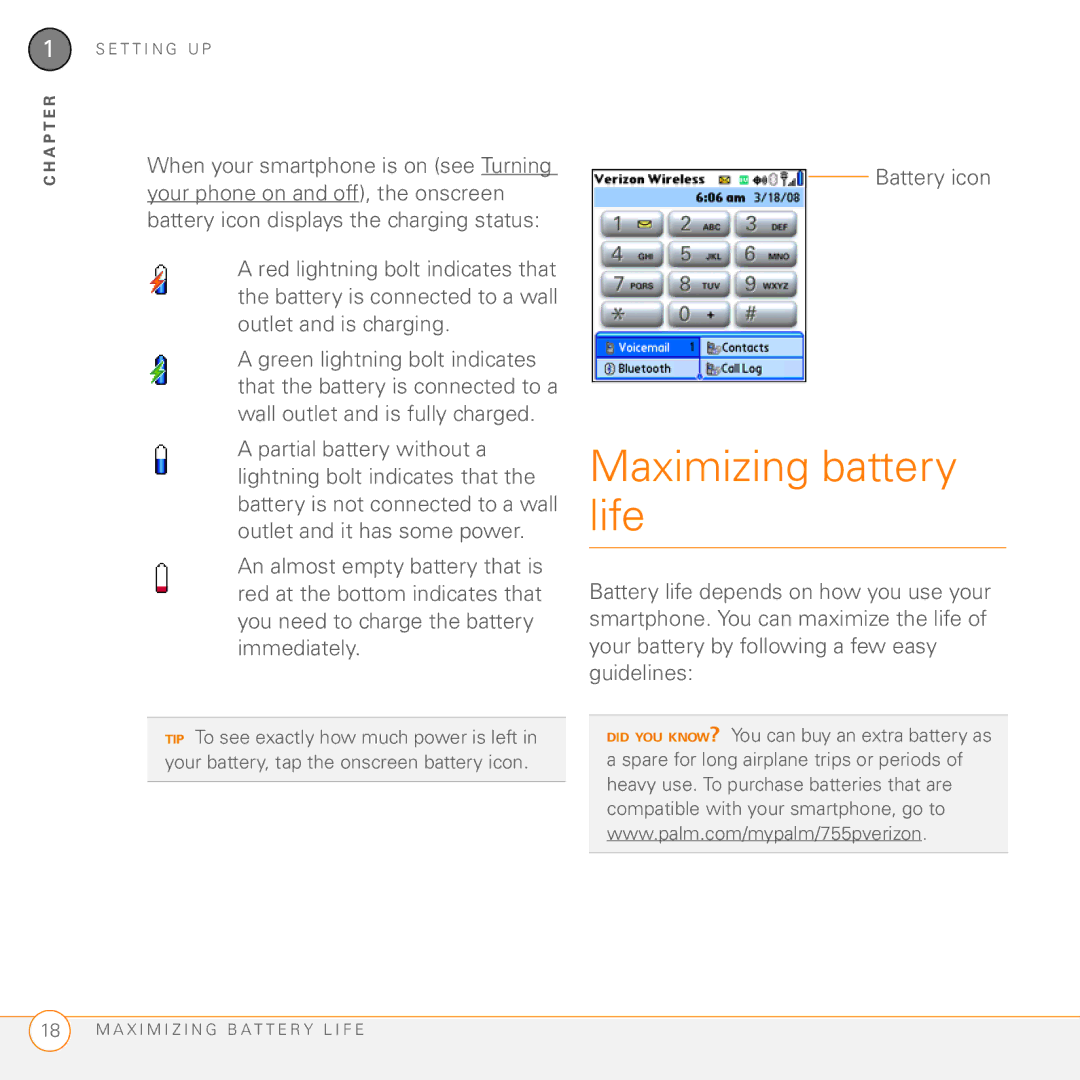 Palm 755P manual Maximizing battery life, Battery icon 