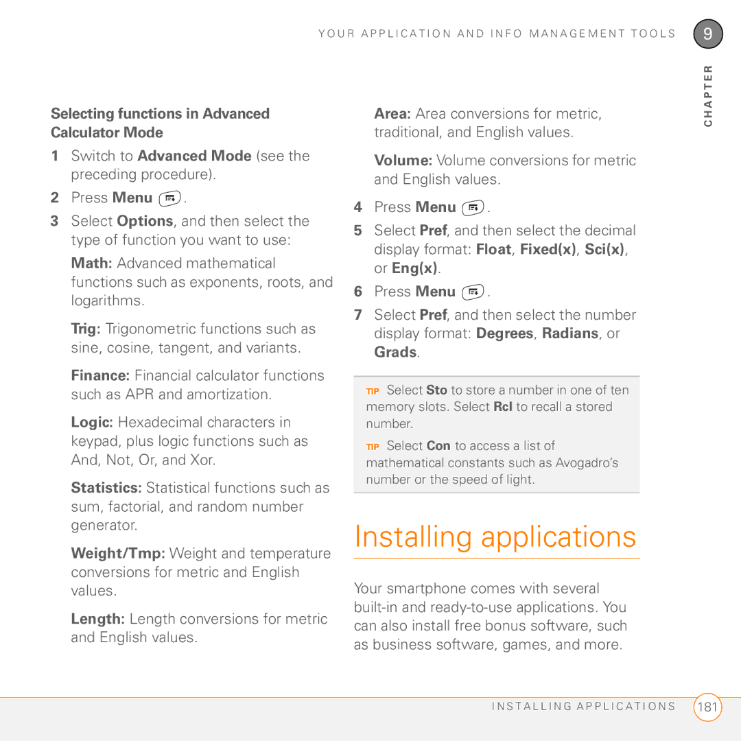 Palm 755P manual Installing applications, Selecting functions in Advanced Calculator Mode 