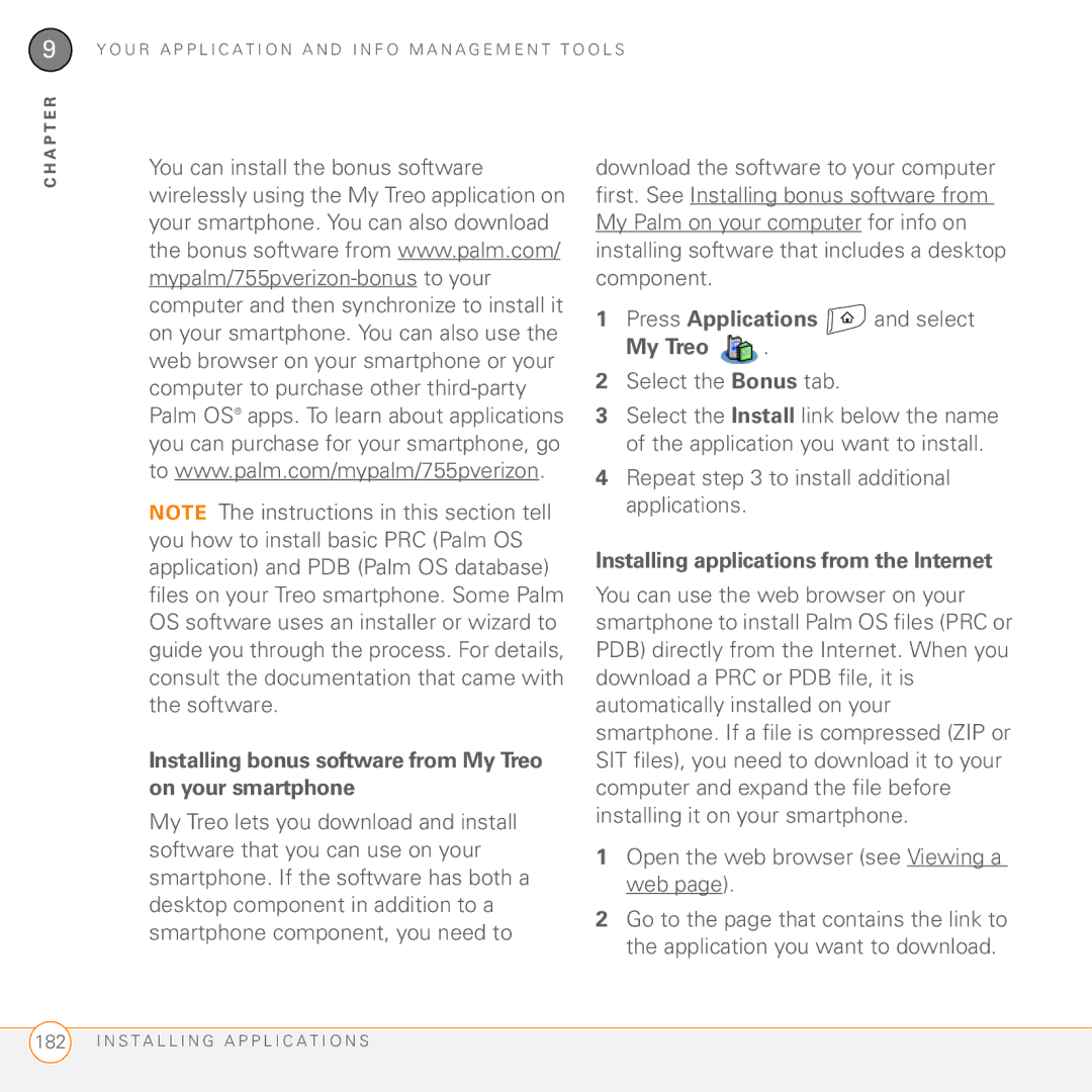 Palm 755P manual Installing bonus software from My Treo on your smartphone, Installing applications from the Internet 