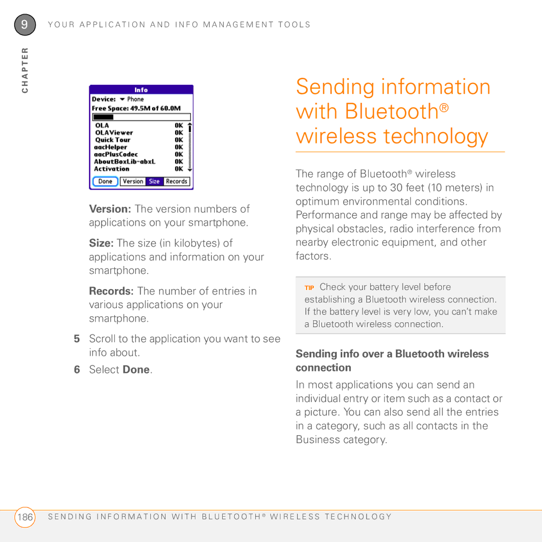 Palm 755P manual Sending information with Bluetooth wireless technology, Sending info over a Bluetooth wireless connection 