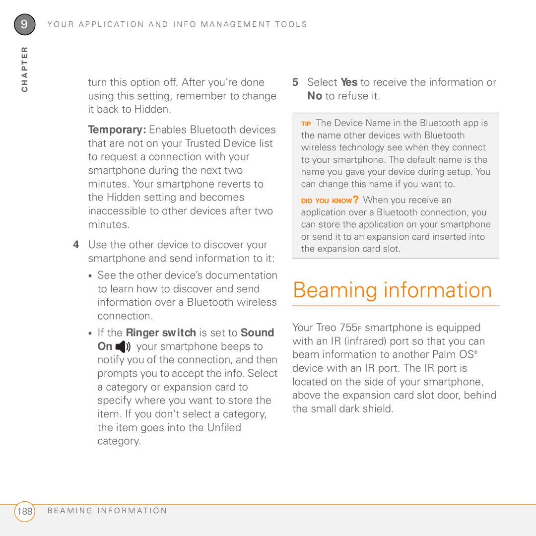 Palm 755P manual Beaming information, If the Ringer switch is set to Sound 