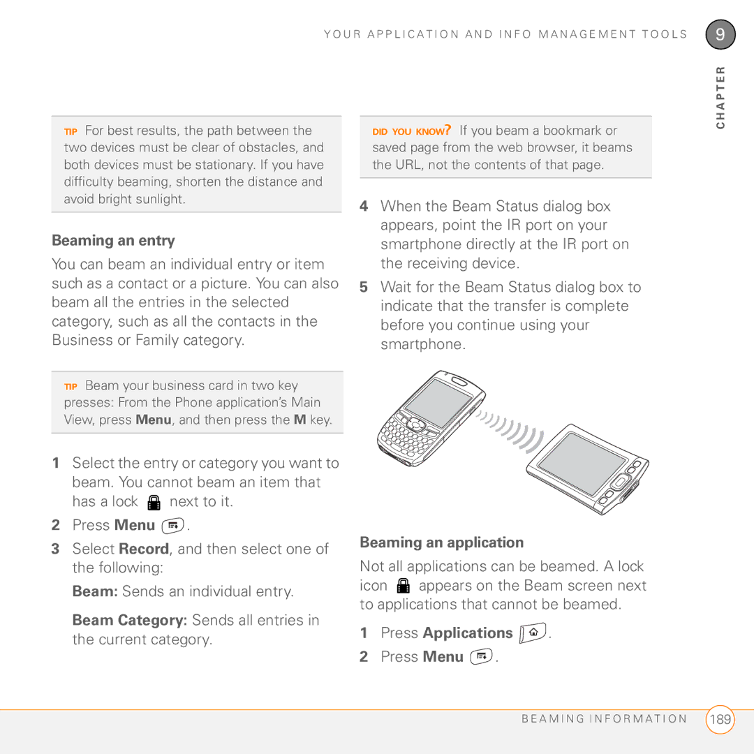 Palm 755P manual Beaming an entry, Beaming an application 