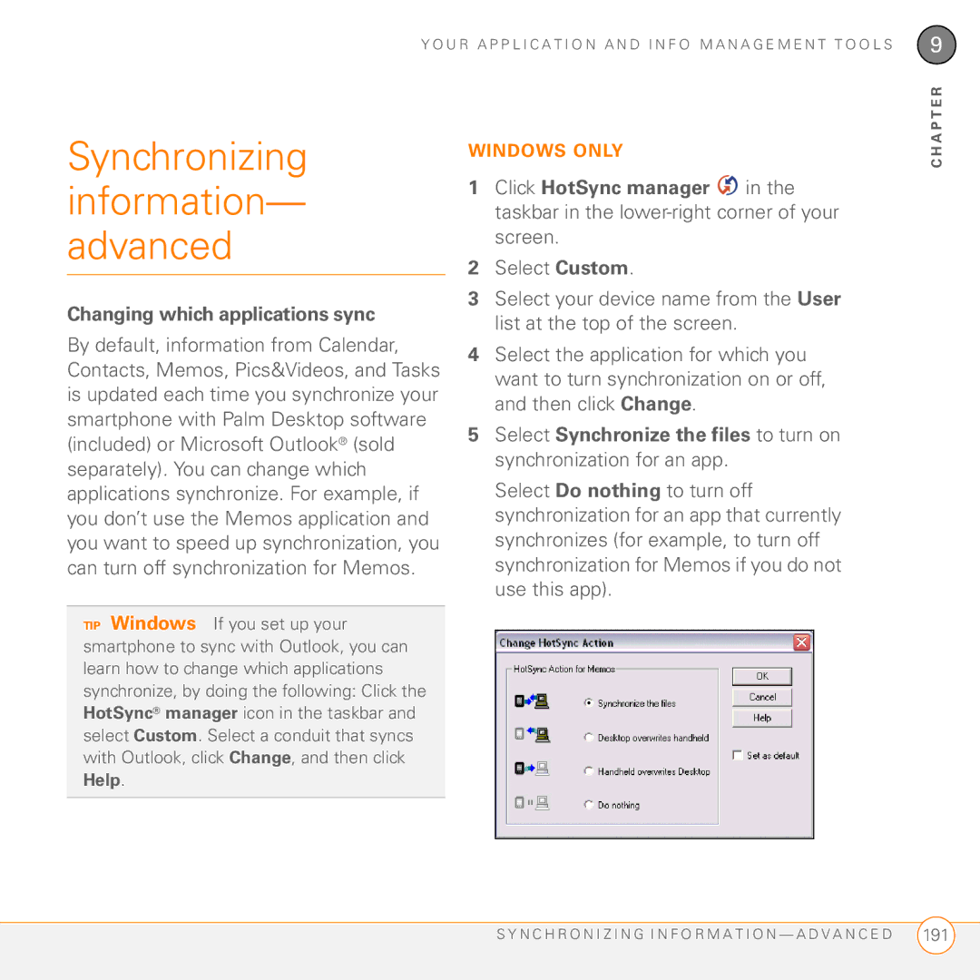 Palm 755P manual Synchronizing information- advanced, Changing which applications sync 