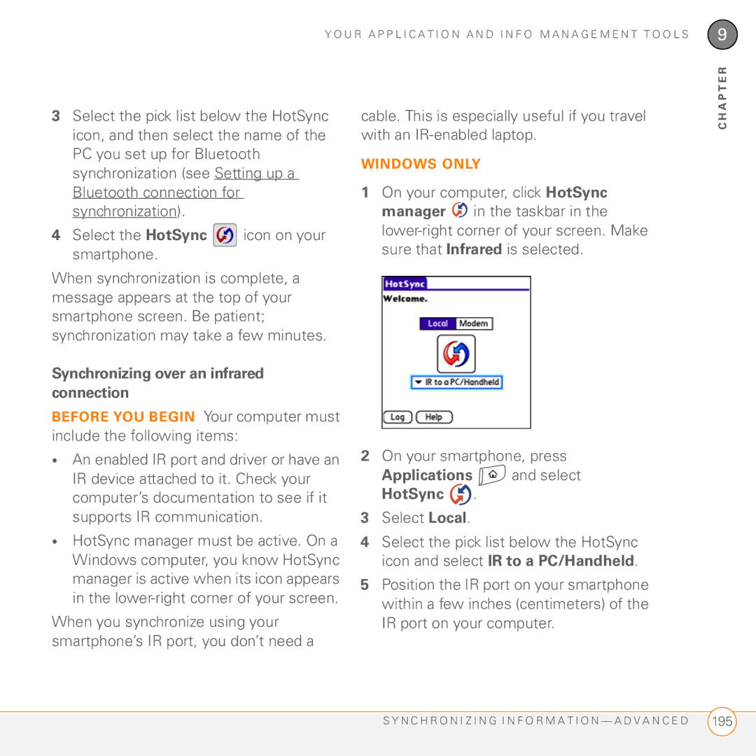 Palm 755P manual Synchronizing over an infrared connection, Applications and select HotSync 
