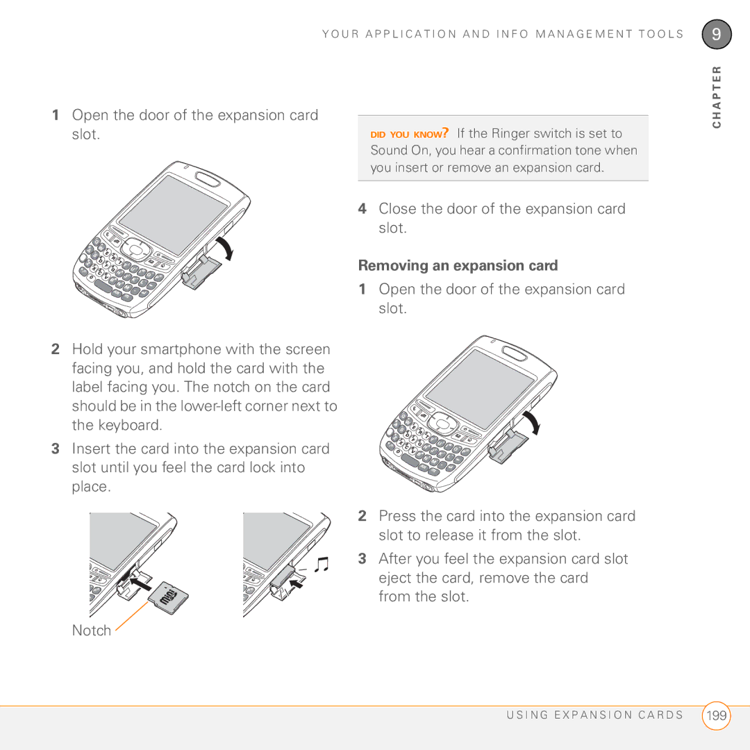 Palm 755P manual Open the door of the expansion card Slot, Removing an expansion card 