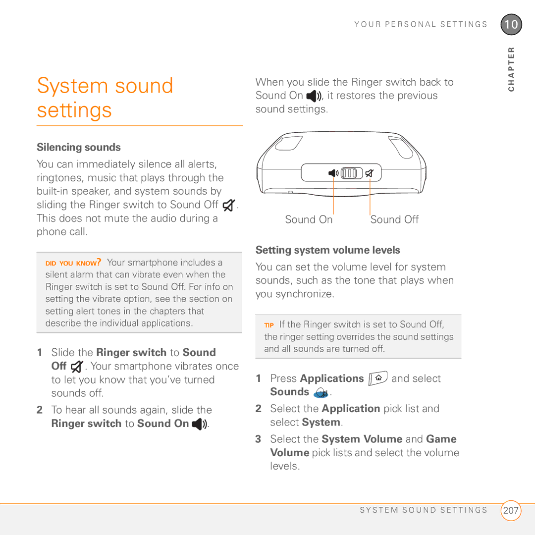 Palm 755P manual System sound settings, Silencing sounds, Slide the Ringer switch to Sound, Setting system volume levels 