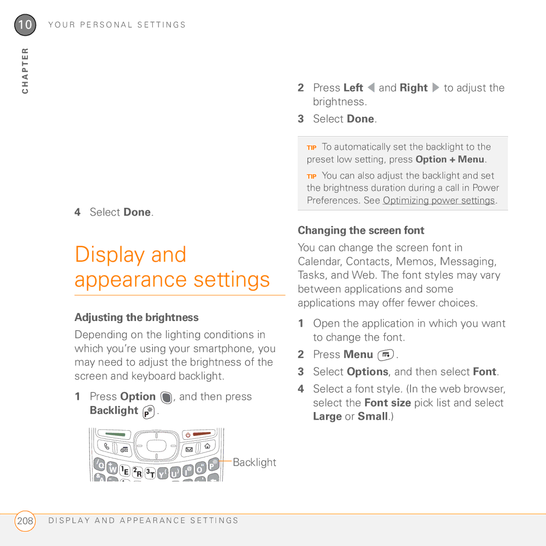 Palm 755P manual Display and appearance settings, Adjusting the brightness, Changing the screen font 