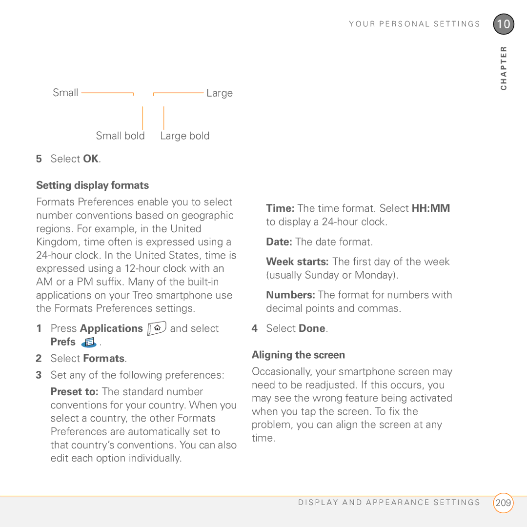 Palm 755P manual Small, Large bold, Setting display formats, Press Applications and select Prefs, Aligning the screen 