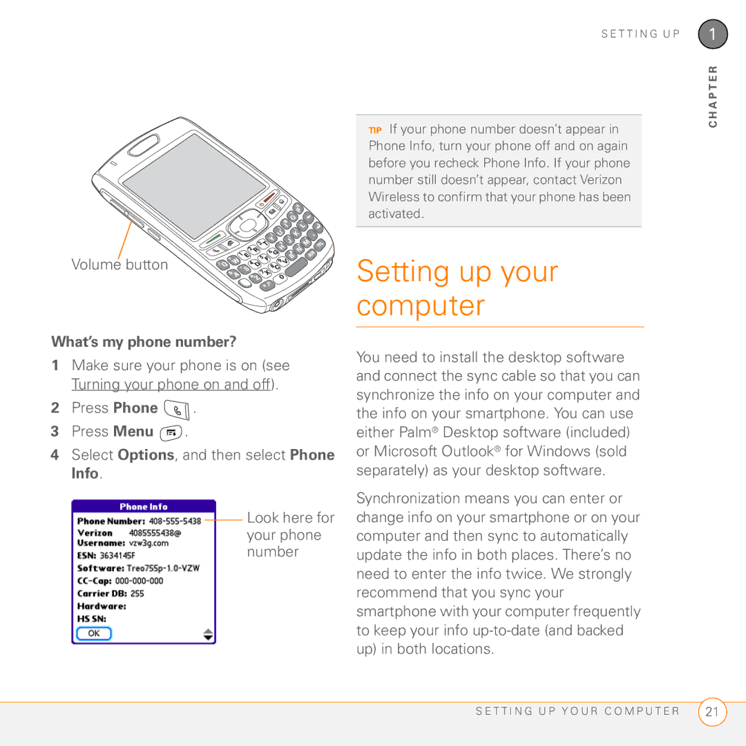 Palm 755P manual Setting up your computer, Volume button, What’s my phone number? 