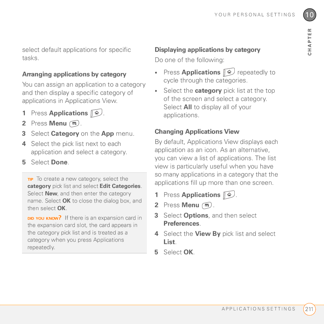 Palm 755P Select default applications for specific tasks, Arranging applications by category, Changing Applications View 
