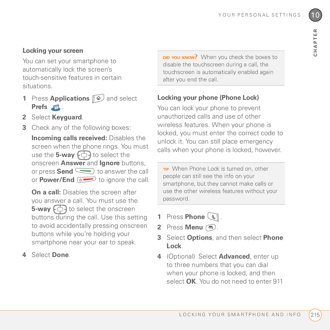 Palm 755P manual Locking your screen, Select Keyguard Check any of the following boxes, Incoming calls received Disables 