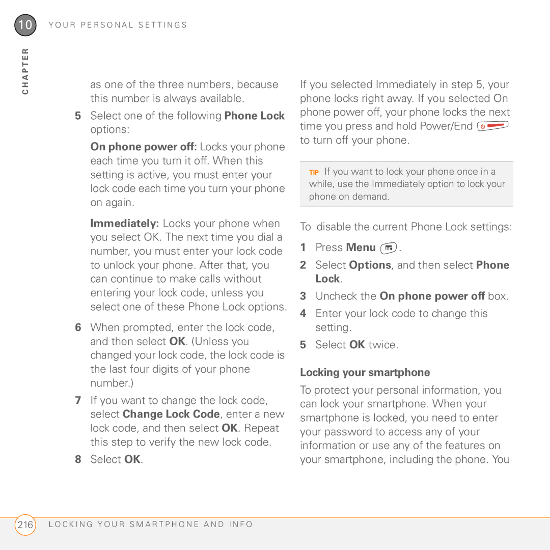 Palm 755P Select one of the following Phone Lock options, Uncheck the On phone power off box, Locking your smartphone 