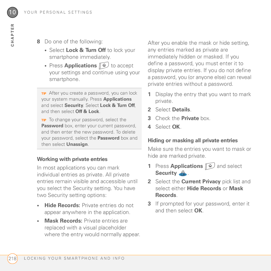 Palm 755P manual Select Lock & Turn Off to lock your smartphone immediately, Working with private entries 