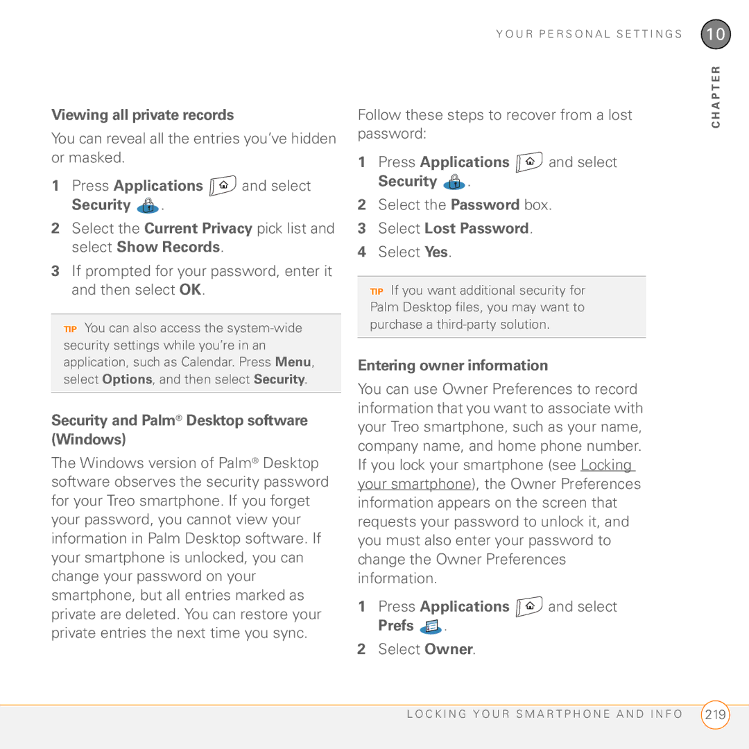 Palm 755P manual Viewing all private records, Security and Palm Desktop software Windows, Select Lost Password 