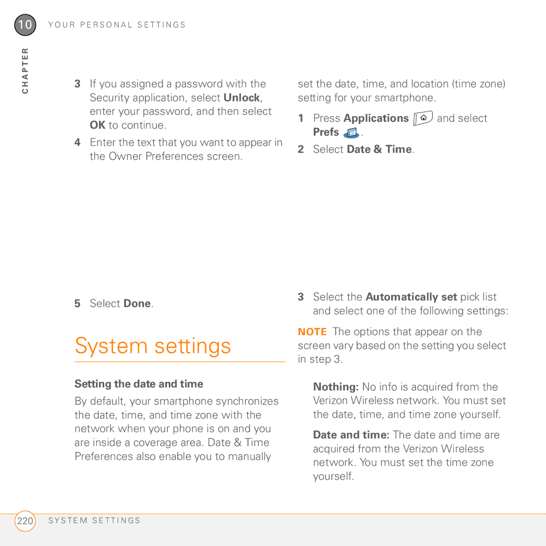 Palm 755P manual System settings, Setting the date and time, Press Applications and select Prefs Select Date & Time 