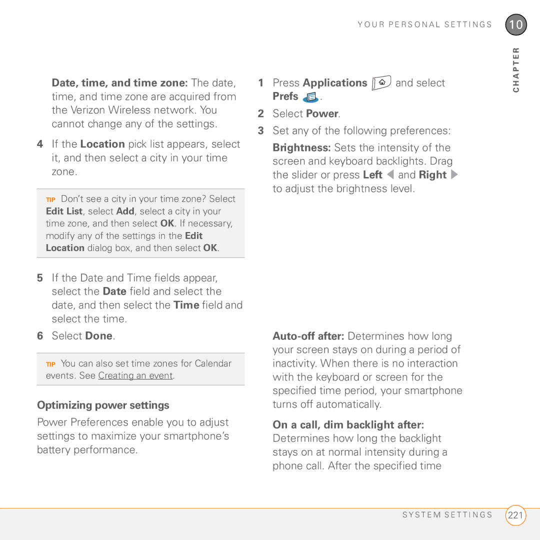 Palm 755P manual Optimizing power settings, On a call, dim backlight after 