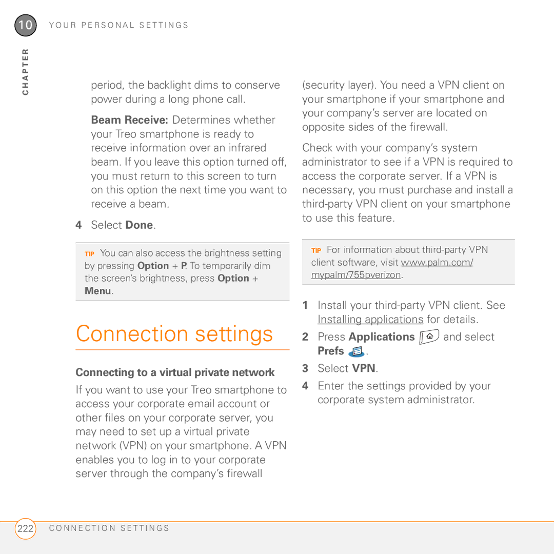 Palm 755P manual Connection settings, Connecting to a virtual private network 