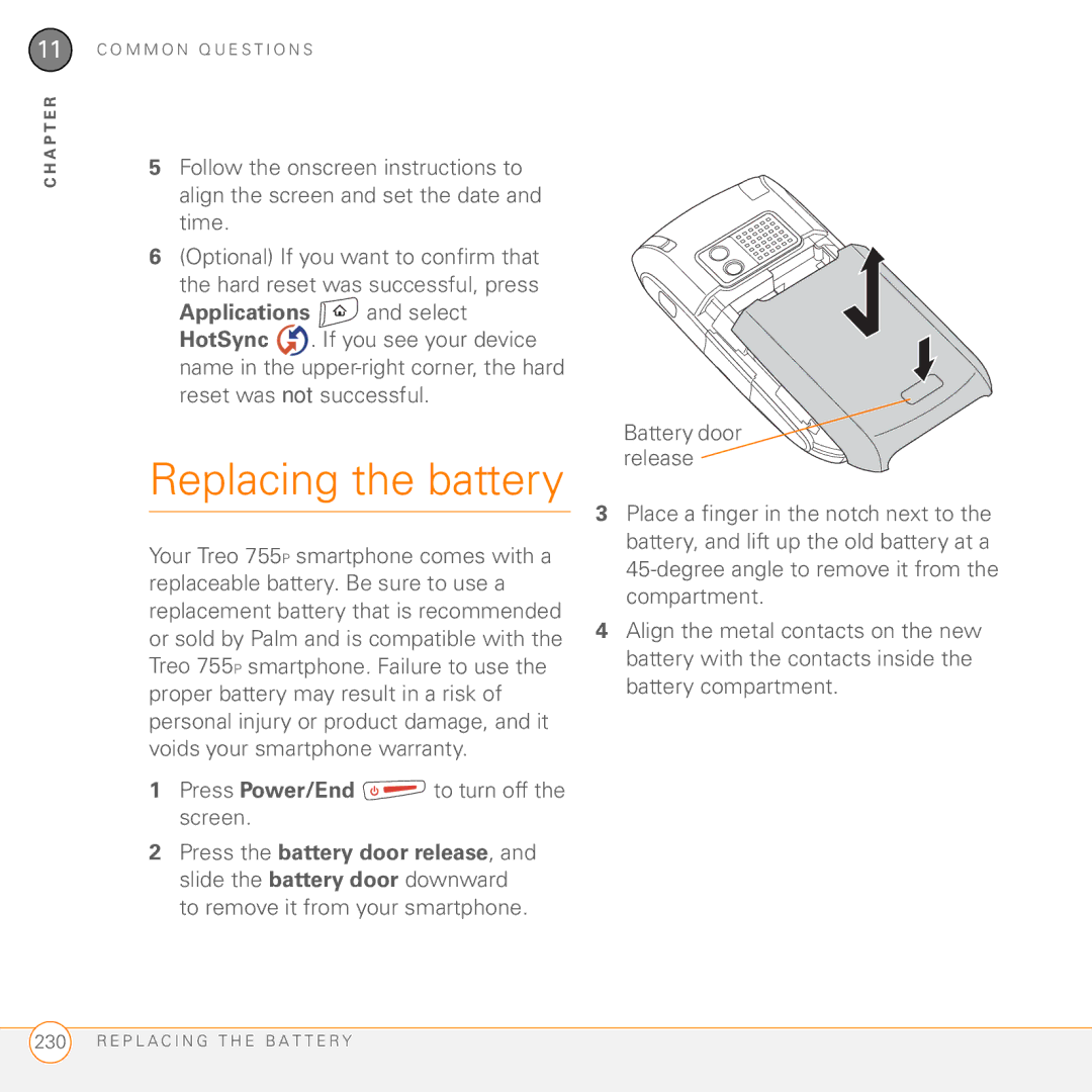 Palm 755P manual Replacing the battery 