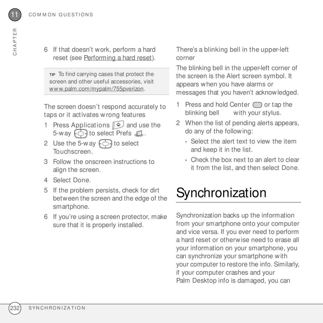 Palm 755P manual Synchronization, There’s a blinking bell in the upper-left corner, Palm Desktop info is damaged, you can 