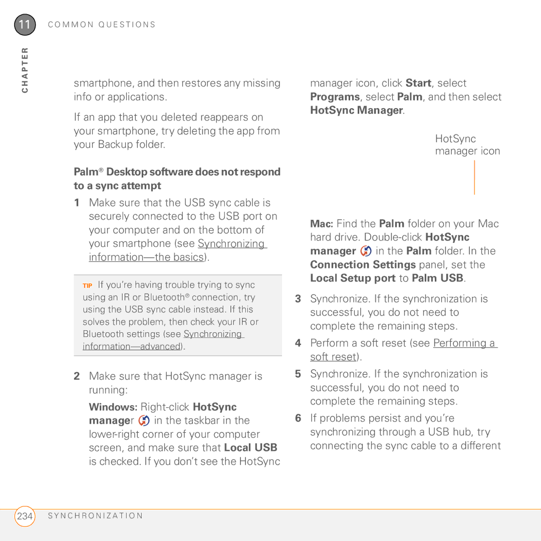Palm 755P manual Palm Desktop software does not respond to a sync attempt, Make sure that HotSync manager is running 