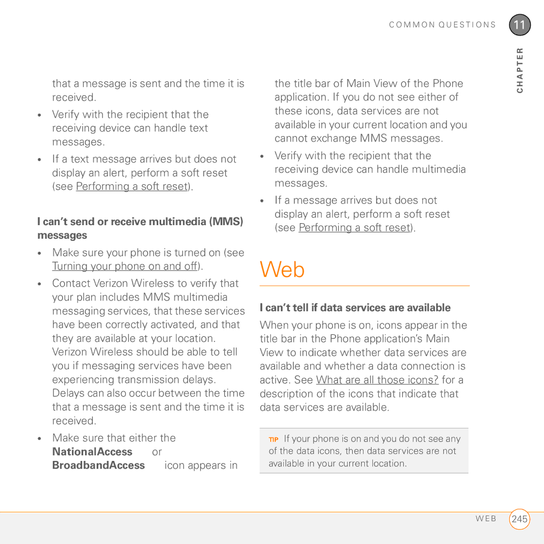 Palm 755P manual Web, Can’t send or receive multimedia MMS messages 