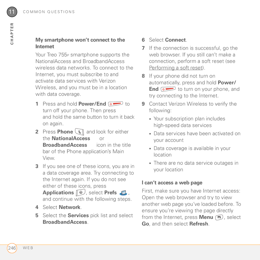 Palm 755P manual My smartphone won’t connect to the Internet, Either of these icons, press, Can’t access a web 