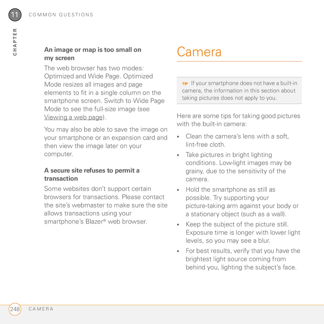 Palm 755P manual Camera, An image or map is too small on my screen, Secure site refuses to permit a transaction 