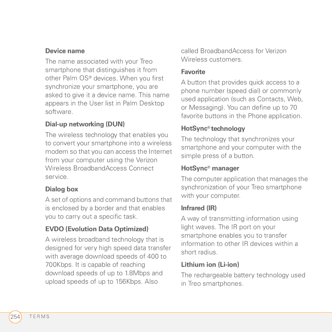 Palm 755P Device name, Dial-up networking DUN, Dialog box, Evdo Evolution Data Optimized, Favorite, HotSync technology 