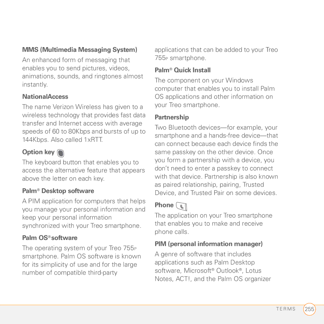 Palm 755P MMS Multimedia Messaging System, NationalAccess, Option key, Palm Desktop software, Palm OS software, Phone 