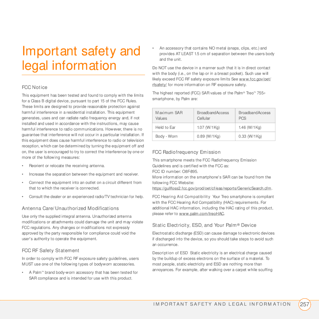 Palm 755P manual Important safety and legal information, FCC Notice 