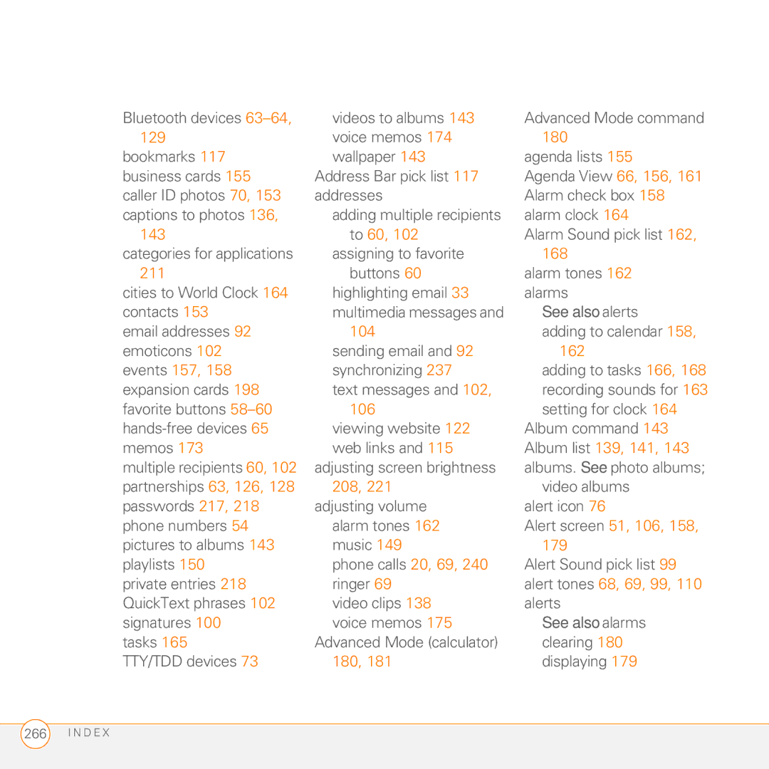 Palm 755P manual 129, 180, 143 To 60, 168, 211, 162, Events 157, 106, Album list 139, 141, 179, Alert tones 68, 69, 99 