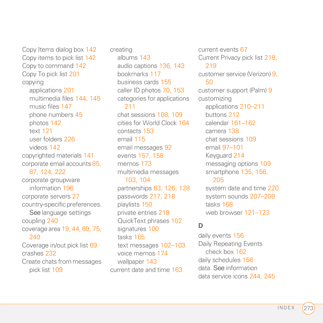 Palm 755P manual 219, 87, 124, 103 205, Coverage area 19, 44, 69, 240 
