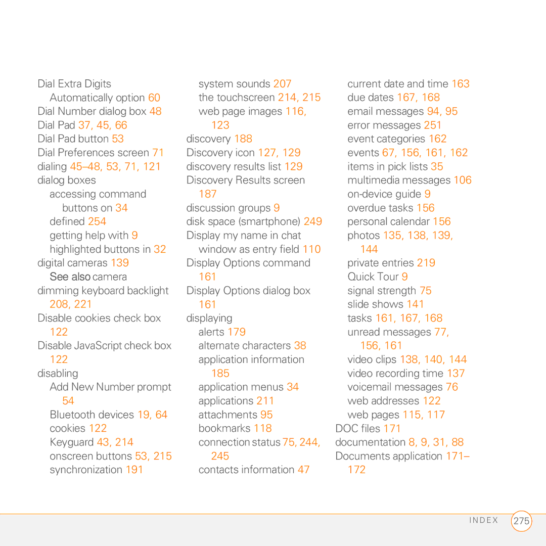 Palm 755P Dial Pad 37, 45 123, Events 67, 156, 161, Dialing 45-48, 53, 71, Photos 135, 138, 208 161, Tasks 161, 167, 172 