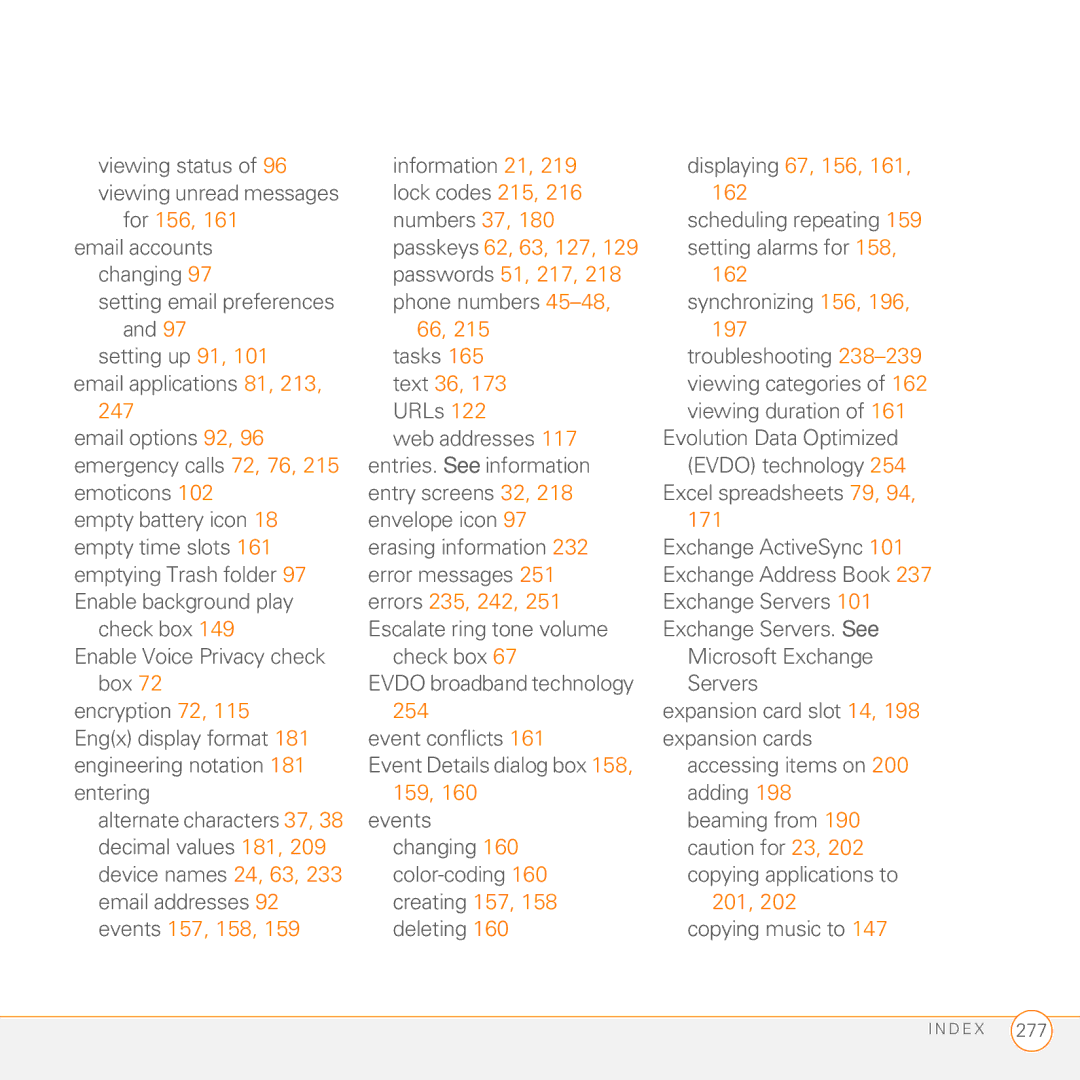 Palm 755P Displaying 67, 156, For 156, Passkeys 62, 63, 127, Passwords 51, 217 162, Text 36, 247, Errors 235, 242, 254 