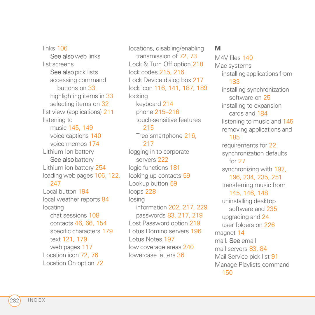 Palm 755P manual Links, Treo smartphone 216, M4V files 140 Mac systems Installing applications from, 150 
