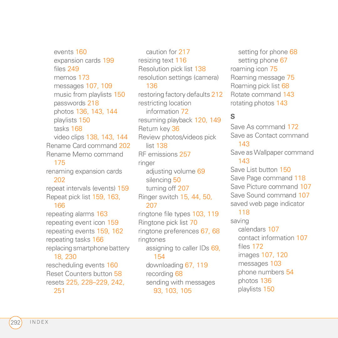 Palm 755P manual Renaming expansion cards, 251 136, 93, 103, Saving, Calendars Contact information 107 files 