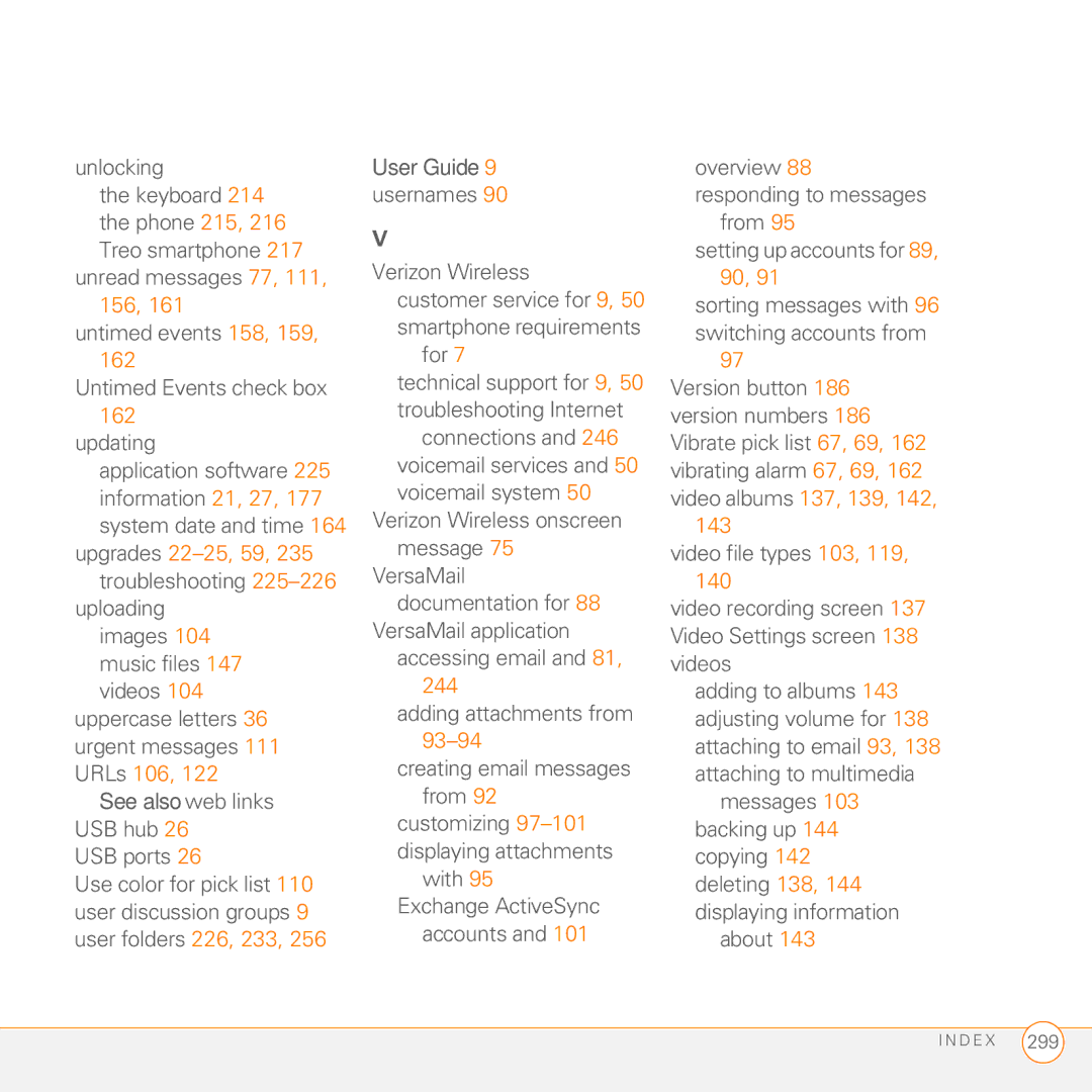 Palm 755P manual Untimed events 158, 159 Untimed Events check box Updating, USB ports, Message 75 VersaMail 
