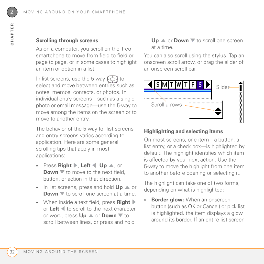 Palm 755P manual Scrolling through screens, Highlighting and selecting items 