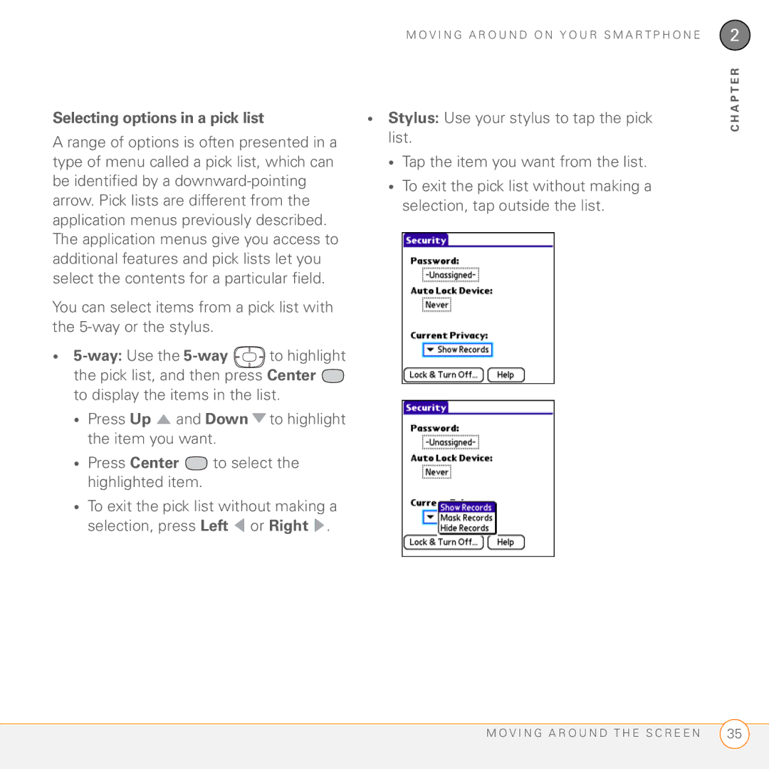 Palm 755P manual Selecting options in a pick list 